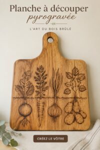 Planche à découper en bois décorée par pyrogravure