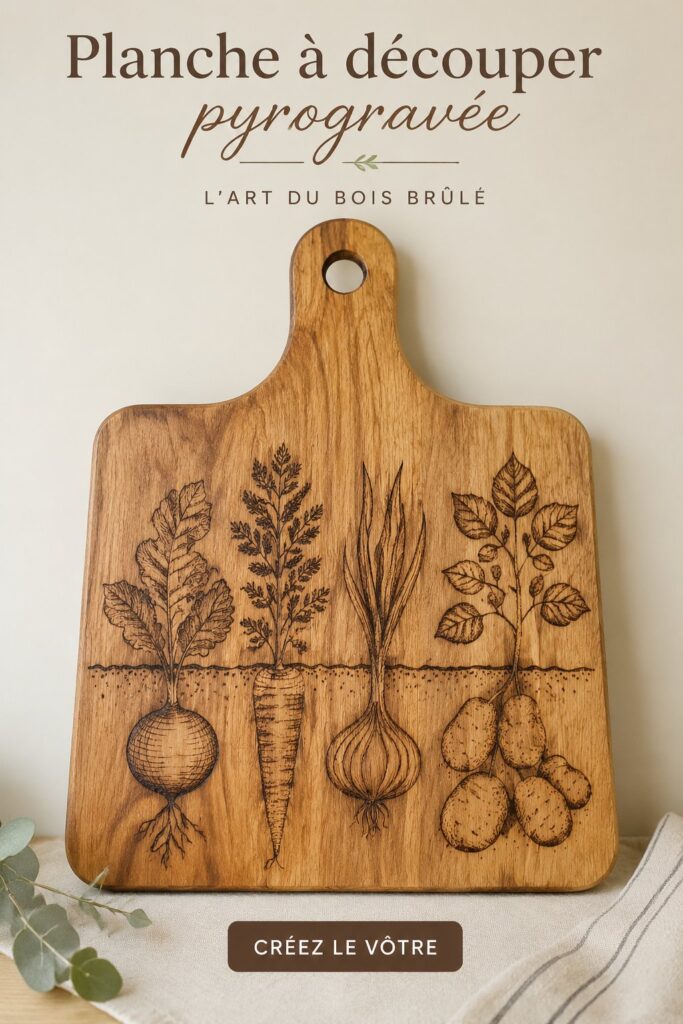 Planche à découper en bois décorée par pyrogravure