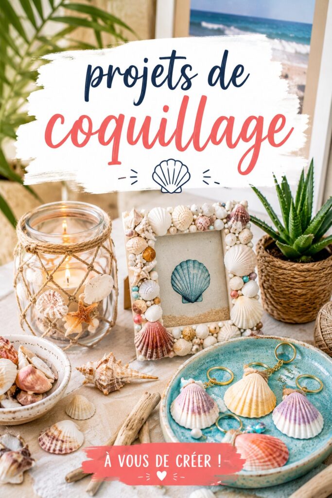 Des projets créatifs en coquillage disposés sur une table, montrant l'aspect esthétique et artisanal des décorations.