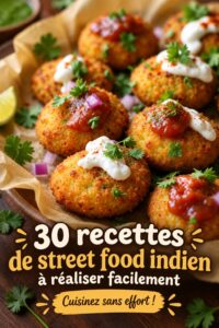 Recettes de street food indienne sur une table, prêtes à être dégustées.