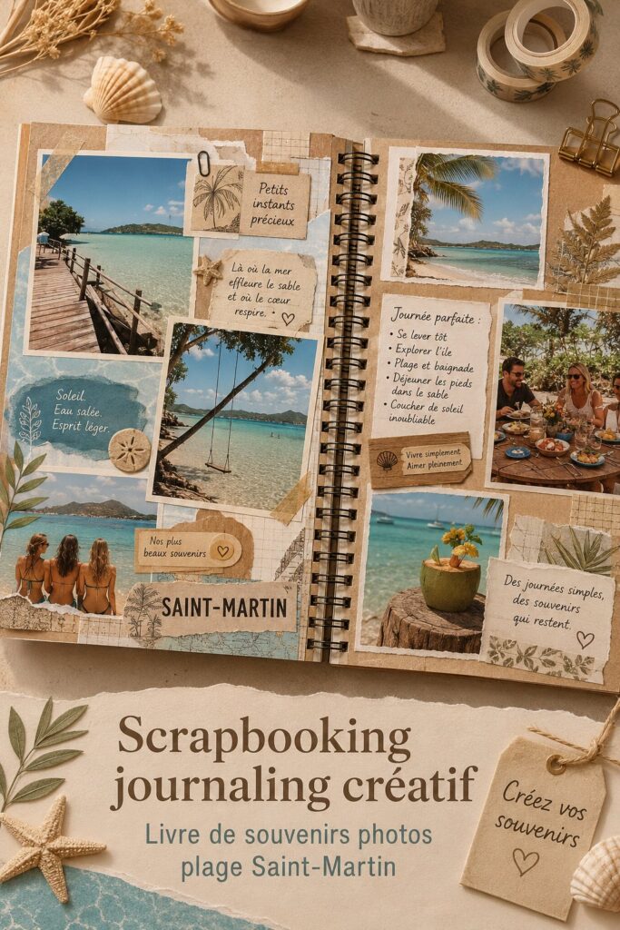 Album de scrapbooking de souvenirs de plage fait maison avec des photos et embellissements