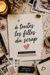 Femme créant un album de scrapbook avec des papiers colorés et des embellissements.