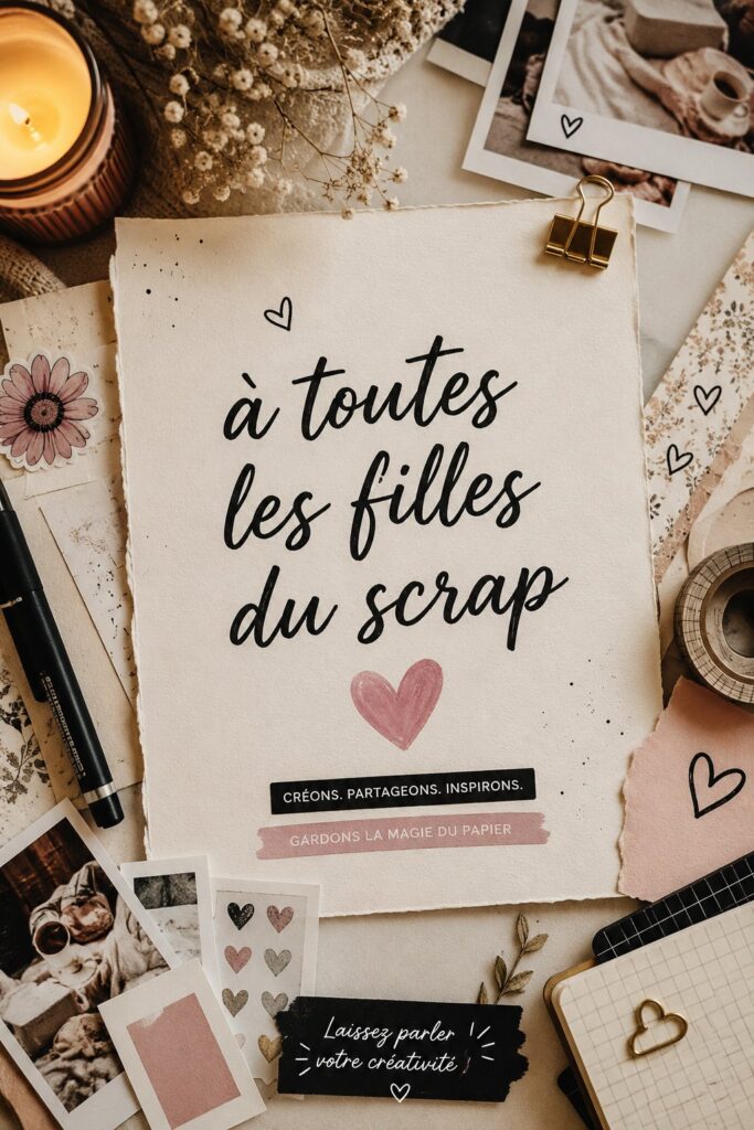 Femme créant un album de scrapbook avec des papiers colorés et des embellissements.
