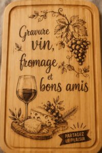Plateau de fromages et bouteilles de vin personnalisé avec des motifs en woodburning