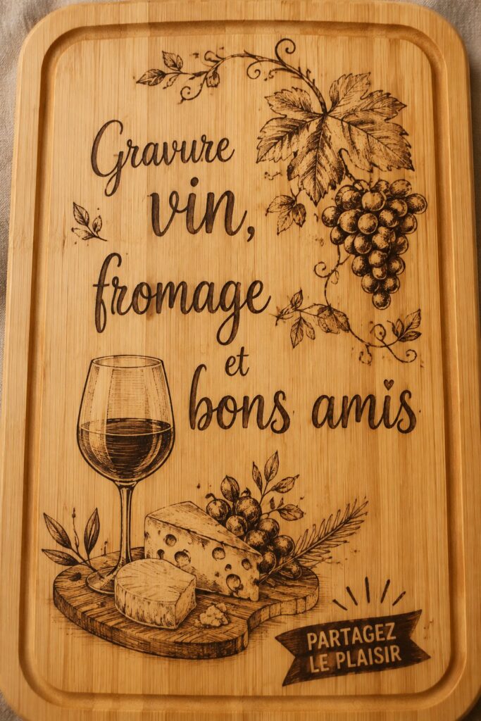 Plateau de fromages et bouteilles de vin personnalisé avec des motifs en woodburning