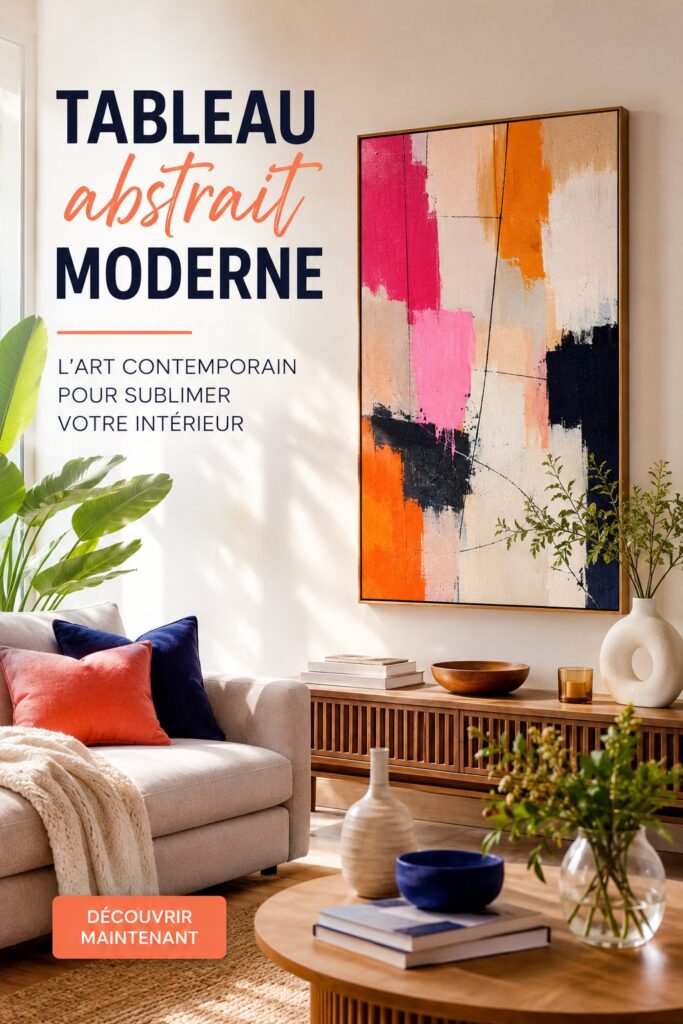 Tableau abstrait moderne accroché dans un salon lumineux