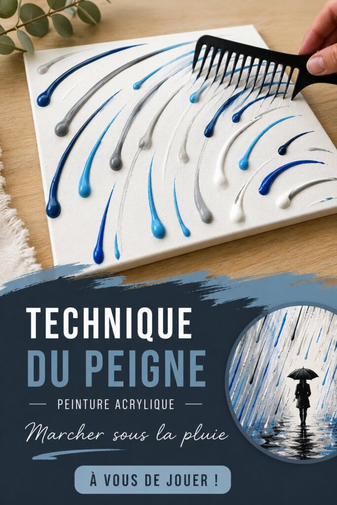 Peinture acrylique colorée représentant une scène de pluie en technique peigne