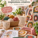 Femme réalisant un projet de crochet avec des fils colorés sur une table