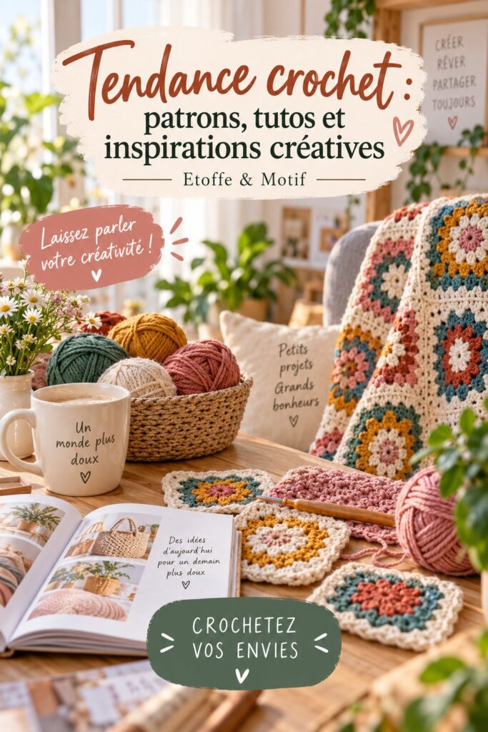 Femme réalisant un projet de crochet avec des fils colorés sur une table