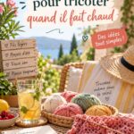 Femme tricotant dans une chaise longue en été