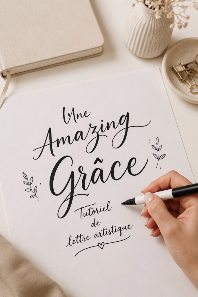 Exemple de calligraphie de ''Amazing Grace'' sur du papier élégant.