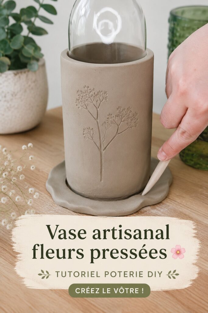 Vase en céramique décoré avec des fleurs pressées, présent dans une ambiance chaleureuse.