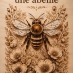Une abeille détaillée gravée sur un morceau de bois brûlé, illustrant le travail artisanal.