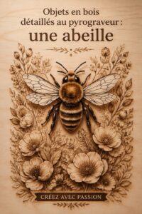 Une abeille détaillée gravée sur un morceau de bois brûlé, illustrant le travail artisanal.
