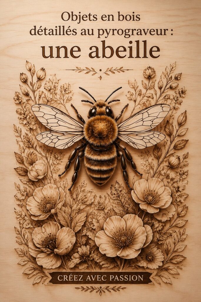 Une abeille détaillée gravée sur un morceau de bois brûlé, illustrant le travail artisanal.