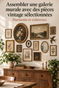 Une galerie murale avec des pièces vintage harmonieusement disposées dans un salon