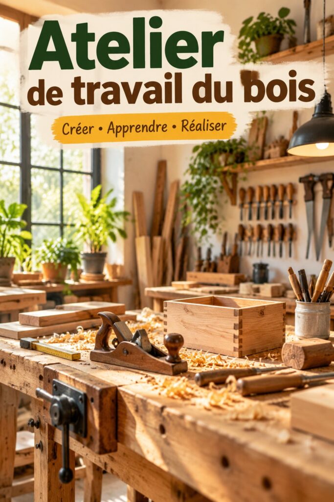 Atelier de travail du bois montrant des participants créatifs au travail