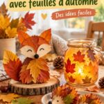 Bricolages créatifs avec des feuilles d'automne colorées, présentés sur une table.