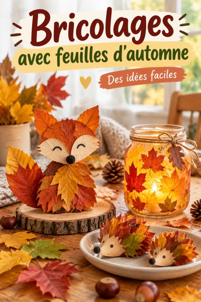 Bricolages créatifs avec des feuilles d'automne colorées, présentés sur une table.