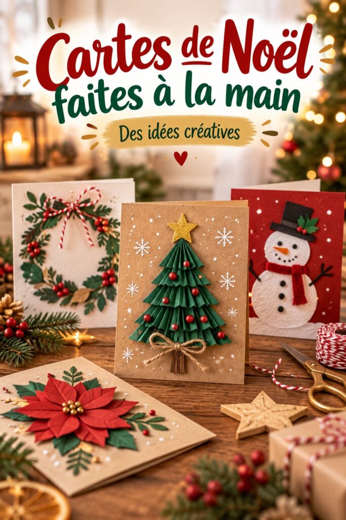 Carte de Noël artisanale faite main avec des éléments décoratifs.