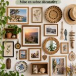 Un mur décoré de trésors personnels et souvenirs, avec des photos, objets artisanaux et souvenirs de voyage.