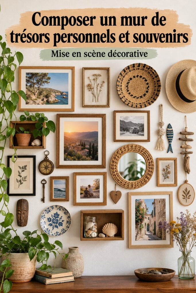 Un mur décoré de trésors personnels et souvenirs, avec des photos, objets artisanaux et souvenirs de voyage.