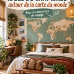 Chambre décorée sur le thème du voyage avec des cartes et objets de décoration