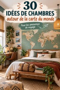 Chambre décorée sur le thème du voyage avec des cartes et objets de décoration