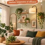 Salon décoré sans percer les murs avec des créations DIY et des éléments suspendus.