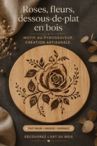 Dessous-de-plat en bois décoré d'un motif de rose réalisé par pyrogravure