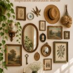 Un mur décoré de plusieurs cadres vintage montrant des œuvres d'art variées.