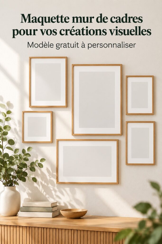 Une galerie murale décorée avec des cadres variés et des œuvres d'art originales.