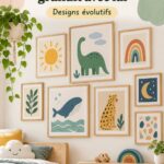 Galerie murale colorée dans une chambre d'enfant avec des œuvres d'art et des photos