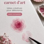 Un journal artistique ouvert avec des crayons et des aquarelles, symbolisant la créativité.