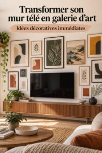 Mur de galerie TV moderne dans un salon chaleureux avec des œuvres d'art inspirantes.