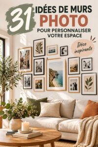 Mur photo personnalisé avec des souvenirs et des créations artistiques.