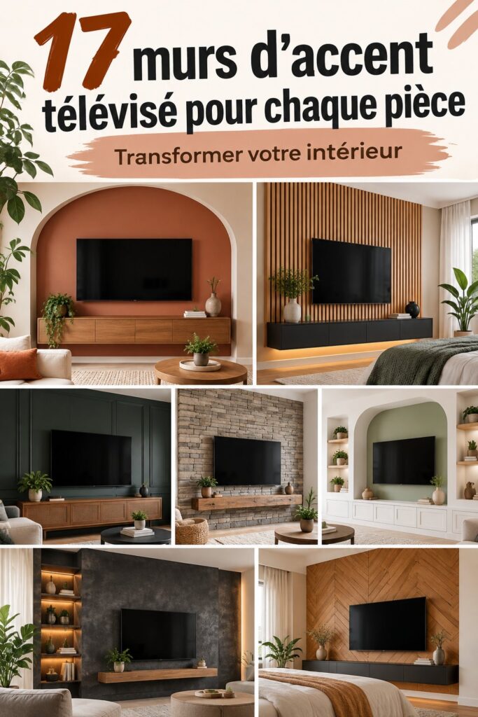 Mur TV décoré avec des étagères et des œuvres d'art.