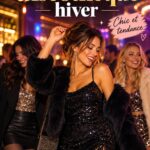 Un mannequin portant une tenue de discothèque hivernale tendance avec un pull chic et une jupe en velours.