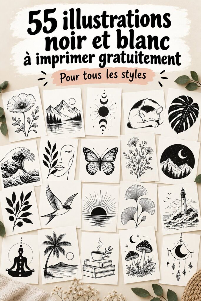 Collection d'illustrations en noir et blanc à imprimer gratuitement, parfaite pour la décoration intérieure.