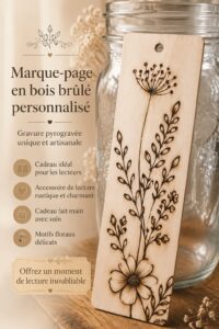 Marque-page en bois avec motifs floraux pyrograves, parfait pour les amateurs de lecture.