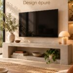 Meuble TV moderne en béton microtexturé dans un salon chic