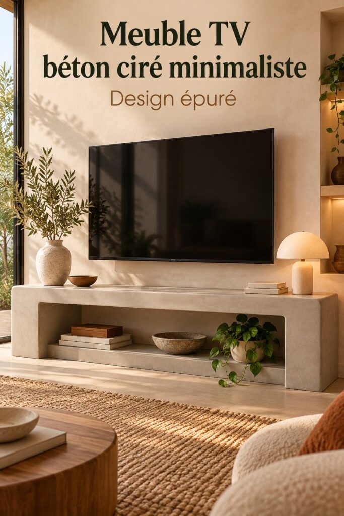 Meuble TV moderne en béton microtexturé dans un salon chic
