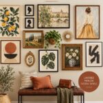 Un mur de galerie coloré et créatif illustrant diverses œuvres d'art et photos.