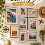 Mur de galerie décoré de souvenirs de voyage avec des photos et accessoires inspirants.