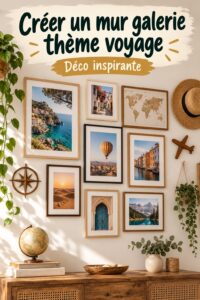Mur de galerie décoré de souvenirs de voyage avec des photos et accessoires inspirants.
