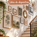 Mur de galerie décoratif dans un escalier avec des photos et illustrations variées.