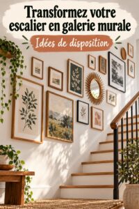 Mur de galerie décoratif dans un escalier avec des photos et illustrations variées.