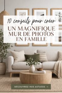 Un mur photo familial bien organisé avec des souvenirs de vacances et d'événements spéciaux.