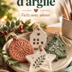 Ornements en argile créatifs disposés sur une table en bois