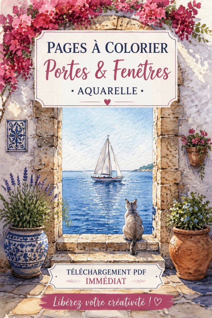 Illustration de pages à colorier aquarelle représentant des fenêtres et des portes